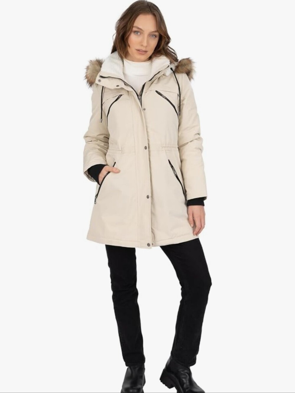 Women's Cream Hooded Winter Parka Snow Jacket With Fur Hood- Large